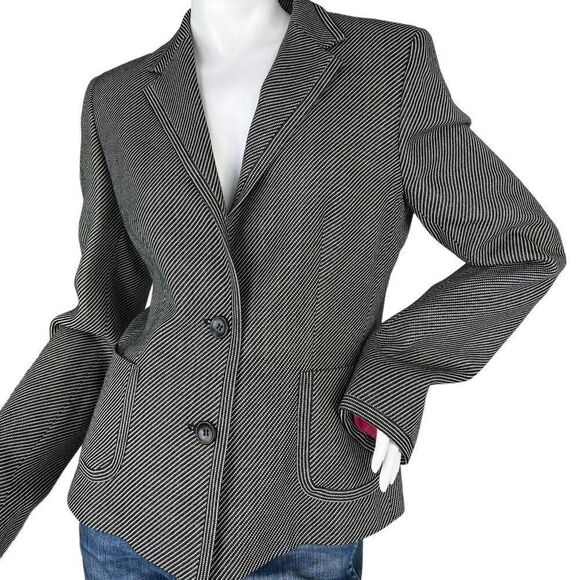 Max Mara Black & White Wool, Silk Two Button Woven Blazer Pink Lining Size 12 - Picture 2 of 12